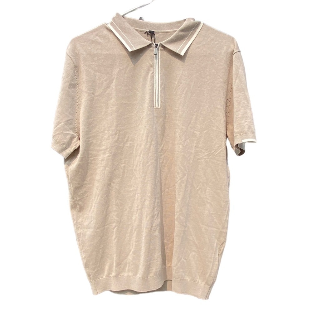 Altairega Women's Tan Beige Polo 1/4 zip short sleeve Top Shirt Sz S 100% cotton